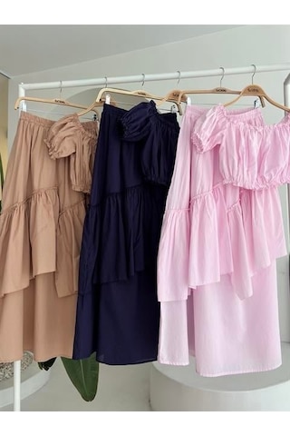 Amorluxe Büzgülü Crop Kat Detaylı Fırfır Etekli Takım 10196 Pembe