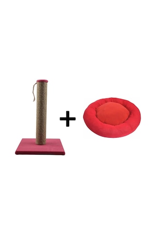 Pribor Kedi Tırmalama Tahtası 40 Cm Ve Kedi Simit Yatağı 50 Cm Çap Polar 2' Li Set Bordo-kırmızı