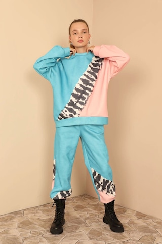 Saklımoda 3 İplik Kumaş Uzun Kol Oversize/salaş Zebra Desen Kadın Takım-mavi Çok Renkli