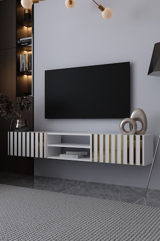 180dhdtdar6ba Aden Duvara Monte Pleksi Desenli Tv Sehpası Beyaz-altın