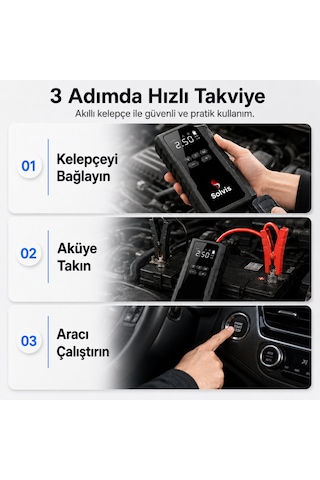 Solvis 4'ü 1 Arada 12v Akıllı Akü Takviye Cihazı, Lastik Şişirme, Powerbank Ve Led Aydınlatma Çanta Hediyeli