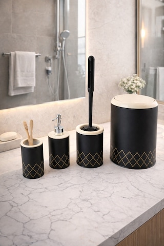 Geometrik Zikzak Desenli 4 Lü Banyo Seti Siyah