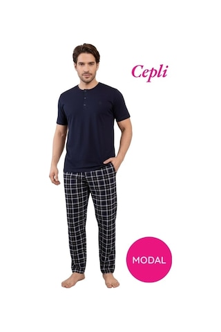 Guava Erkek Modal 3 Düğmeli Ekose Desen Pamuk Likra Kısa Kol Cepli Pijama Takımı Lacivert