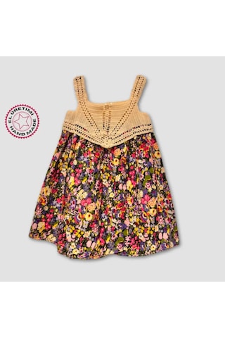 Uretti - Filiz 9248 - Kız Çocuk Örme Kafesli Robalı Çiçek Desenli Elbise 5 Yaş - Bej Çok Renkli