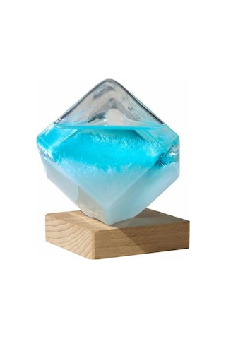 Reedark Hava Durumu Tahmin Flashtası - Mavi Küçük Su Küpü + Ahşap Tabanlı, Cam Malzeme, El Blown, 8x8x10.5 Cm