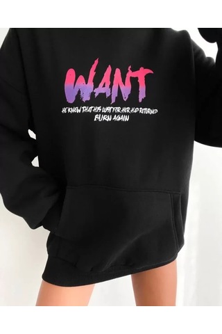 Etiler Collection Baskılı Üç İplik Kapüşonlu Oversize Sweatshirt - Siyah