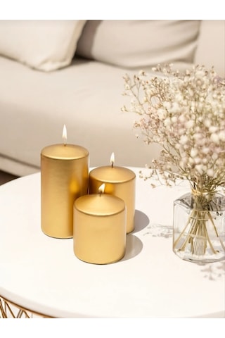Denic 3 lü Mum Seti  Metalik Gold Blok Mum Metalik Silindir Mum Baton Mum