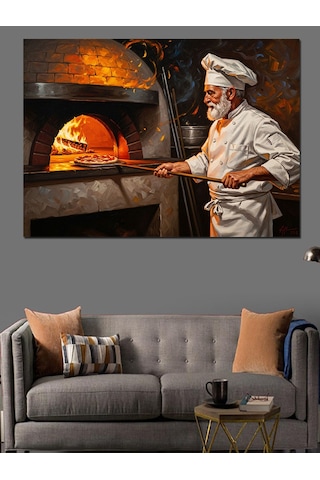 Ahşap Tablo Taş Fırında Pizza Pişiren Şef