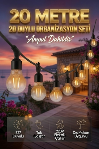 20 Metre 20 Duy Organizasyon Seti A60 4w E27 Rustik Ampul Dahil 220v Dış Mekan Bahçe Teras Festoon Işık Zinciri Siyah