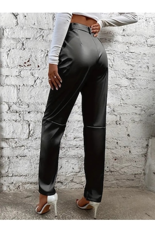 Modaserdem Kadın Yüksek Bel Önden Düğmeli Deri Pantolon Siyah