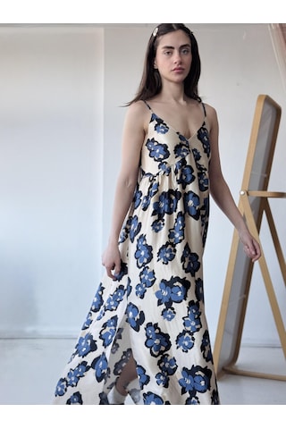 Retrobird Tasarım June Saten Yüzeyli Askılı Yırtmaçlı Elbise Kadın Krem-13780 KREm