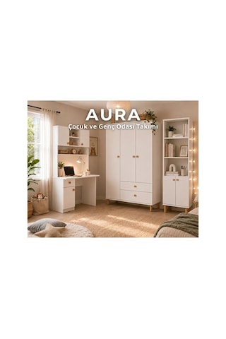 Aura Genç Odası - 3'lü Genç Odası Takımı - 3 Kapılı Dolap - Çalışma Masası - Kitaplık Beyaz