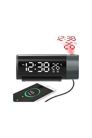 Shopytech Projeksiyonlu Dijital Çalar Saat Çift Alarm Termometre 180 Döner Kırmızı Projeksiyon Otom Siyah