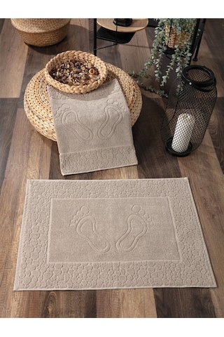 2'li Set %100 Pamuk Ayak İzli Havlu Takımı -yüksek Su Emici Bej