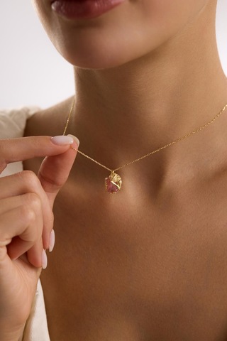 925 Ayar Gümüş Gold Kaplama Pembe Taşlı İlham Perisi Kolye