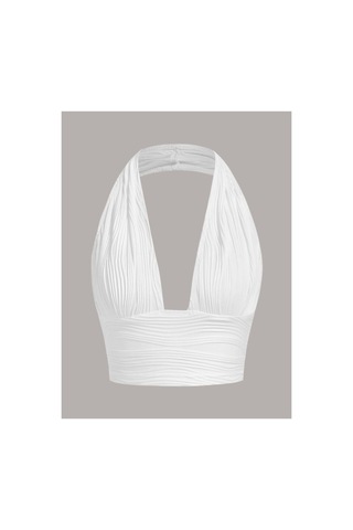 Hımmelduf Elastanlı Halıter Yaka Crop Dekolteli Bluz Beyaz