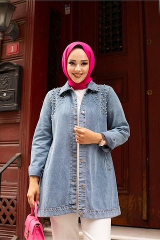 Harman Butik Kadın Kristal Taş Detaylı Denim Kot Ceket Mavi Mavi