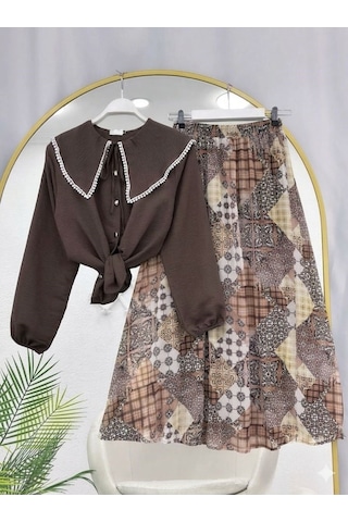 Lovie Moda Kadın Beyaz Fisto Gömlek Beli Lastikli Desenli Şifon Etek Takım - Kahverengi