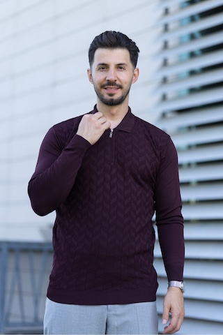 Hk Premium Erkek Triko Kazak Zikzak Desenli Polo Yaka Fermuarlı Slim Fit Bordo