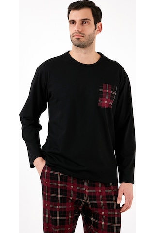 Buratti Ekoseli Cepli Beli Lastikli % 100 Pamuk Regular Fit Erkek Pijama Takımı 6572001 Siyah-Bordo