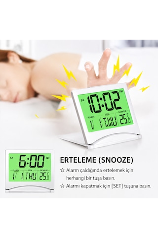 Dijital Seyahat Alarm Saati, Lcd Ekranlı, Arka Aydınlatmalı, Takvimli, Sıcaklık Göstergeli, Ev Ve Yatak Odası Için Katlanabilir Alar Açık Gri