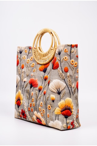 Fabric Craft Bag El Çantası Duck Kumaş Bambu Saplı Desenli Çok renkli