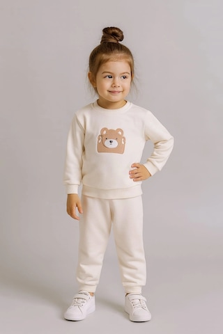 Sevimli Ayıcık Nakışlı %100 Pamuk 2 Li Çocuk Eşofman Takımı BEYAZ