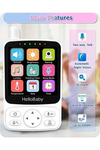 Hellobaby Bebek Monitörü, 29 Saat Pil Ömrü, 355 /120 Döner Kamera, 2x Zoom, Gece Görüşü, 305 M Menzil Kamera Sistemi