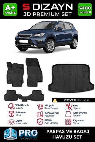 S-dizayn Seat Ateca 3d Pro Havuzlu Paspas Ve Çift Cepli Bagaj Havuzu Seti 2'li Set 2017-2020 A+ Ka