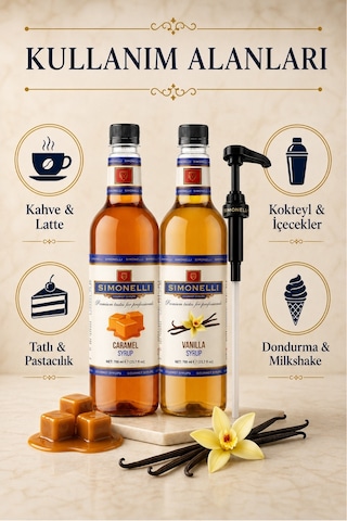 Simonelli Karamel + Vanilya Aromalı Gurme Şurup Paketi + Pompa Kahve ve Kokteyl Şurubu Seti 2 x 700 ML