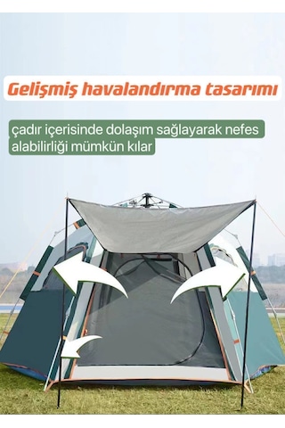 Tam Otomatik Su Ve Rüzgar Geçirmez Gölgelikli Altıgen Çadır Aile Çadırı 280 240 155 Cm Yeşil