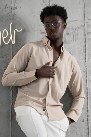 Advante Armürlü Likralı Yaka Düğmeli Slimfit Yazlık Gofre Kumaş Gömlek Kahve