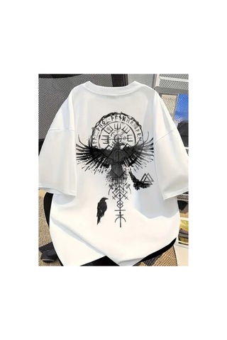 Panda Baskı Tekstil Viking Pusula Kuzgun Baskılı Özel Tasarım Oversize Tshirt Beyaz
