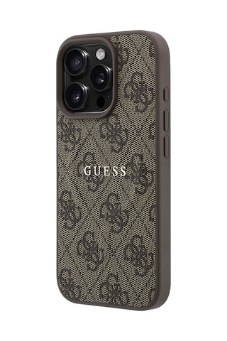İphone 16 Pro Uyumlu Kılıf Guess Lisanslı M-safe Kabartmalı 4g Desenli Yazı Logolu Kapak Kahverengi