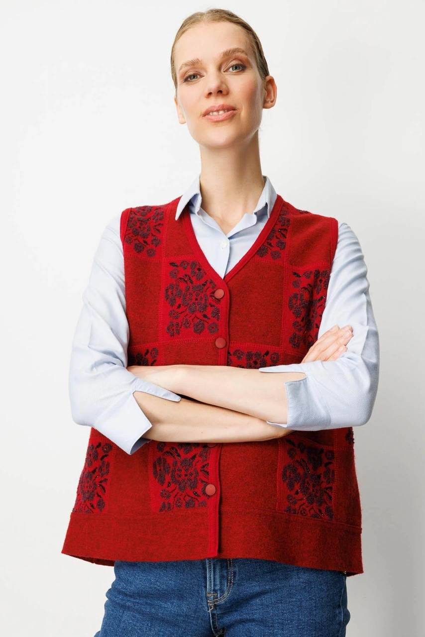 Desen Triko Kadın Pıtırcık Çiçekli Patchwork Keçe Yün Yelek Y.kırmızı K.mürdüm Y.kırmızı K.mürdüm
