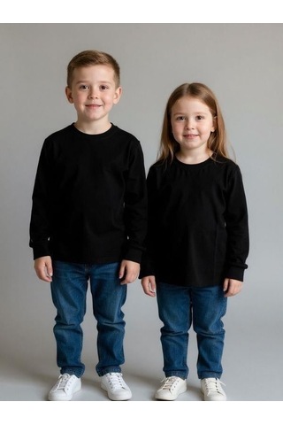 Zekids Bebek Pamuklu Bisiklet Yaka Basic İnce Uzun Kollu T-shirt-16779 Siyah
