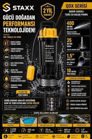 Staxx Qdx2hps 2hp Şamandıralı Dalgıç Su Pompası 40 Metre Basma 1.5'' Bakır Sargılı Temiz Su Motoru