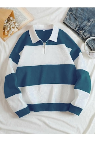 Altamira Unisex Çizgili Oversize Polo Yaka Yarım Fermuarlı Sweatshirt 001