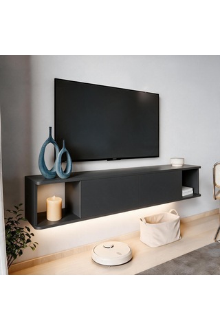 İnarch Dizayn Twist Led Işıklı Duvara Monte Tv Sehpası - 2 Kapaklı Antrasit