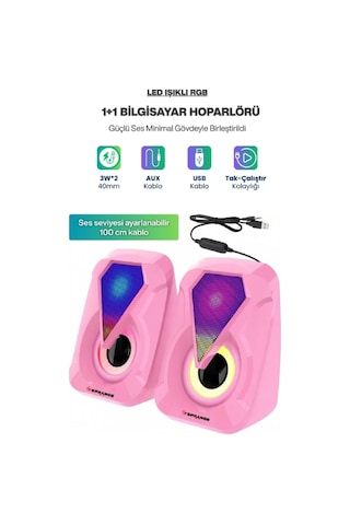 Sprange Sr-pn785 2.0 Rgb Işıklı Multimedia 5v 3w 2 Gaming Oyuncu Speaker -pembe