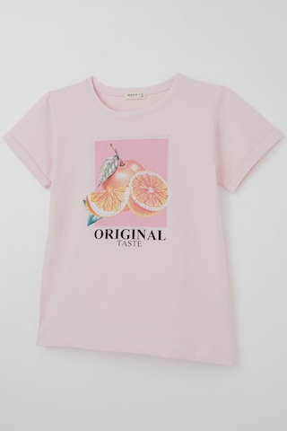 Breeze Kız Çocuk Kısa Kollu Tişört Narenciye Baskılı Taş Aksesuarlı 10-16 Yaş , Pembe