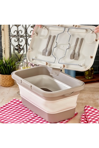 Bigmate Portatif Katlanır Piknik Seti 25lt Silikon Sepetli Masalı Piknik Sepeti Krem