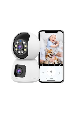 1080p Akıllı Wifi Kamera Kablosuz Monitör Kamerası İki Lensli 2.4g/5g Bağlantı Tam Renkli Gece Görüşü İki Yönlü Konuşma Hareket Algılama Alarm Hatırlatıcı Kablosuz Kamera Ev Ofis Dış Mekan İç Mekan Beyaz