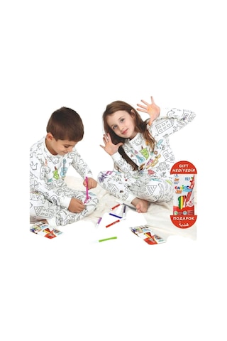 Cantoy Uzun Kollu Kalem Hediye Boyanabilir Erkek Kız Çocuk Pijama Takımı Yıkama Sonrası Leke Bırakmaz Beyaz