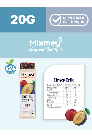 Mixmey Erik Meyve Barı 24 Adet | Atıştırmalıklar – Vegan, Glutensiz, Koruyucusuz (20GR X 24 ADET)