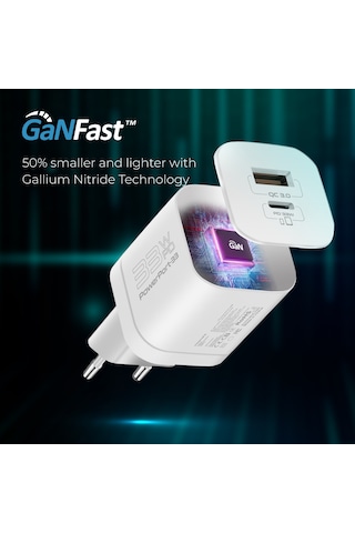 Promate PowerPort-33 33W,Type-C PD , USB Hızlı Şarj Cihazı Beyaz