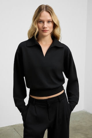 Grımelange Regno Kadın Gömlek Yaka Kol Ve Etek Ucu Manşetli Uzun Kollu Oversize Siyah Sweatshirt Siyah