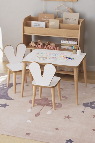 Resim Kağıdı Rulolu Çocuk Aktivite Masası 60x45 Cm 2 Sandalyeli Tavşan Sandalye Çok Renkli