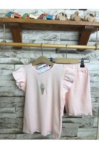 Aysbebe Kız Çocuk Dondurma Nakışlı Şortlu Kaşkorse Takım Kısa Kollu Somon MTC1002S