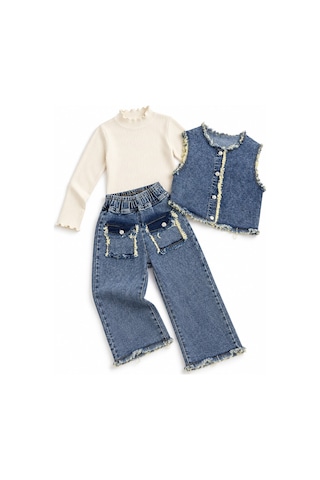 Lolliboomkids Unisex Kot Yelek Pantolon,triko Bluz 3 Parçalı Takım - 3-4 Yaş Denim